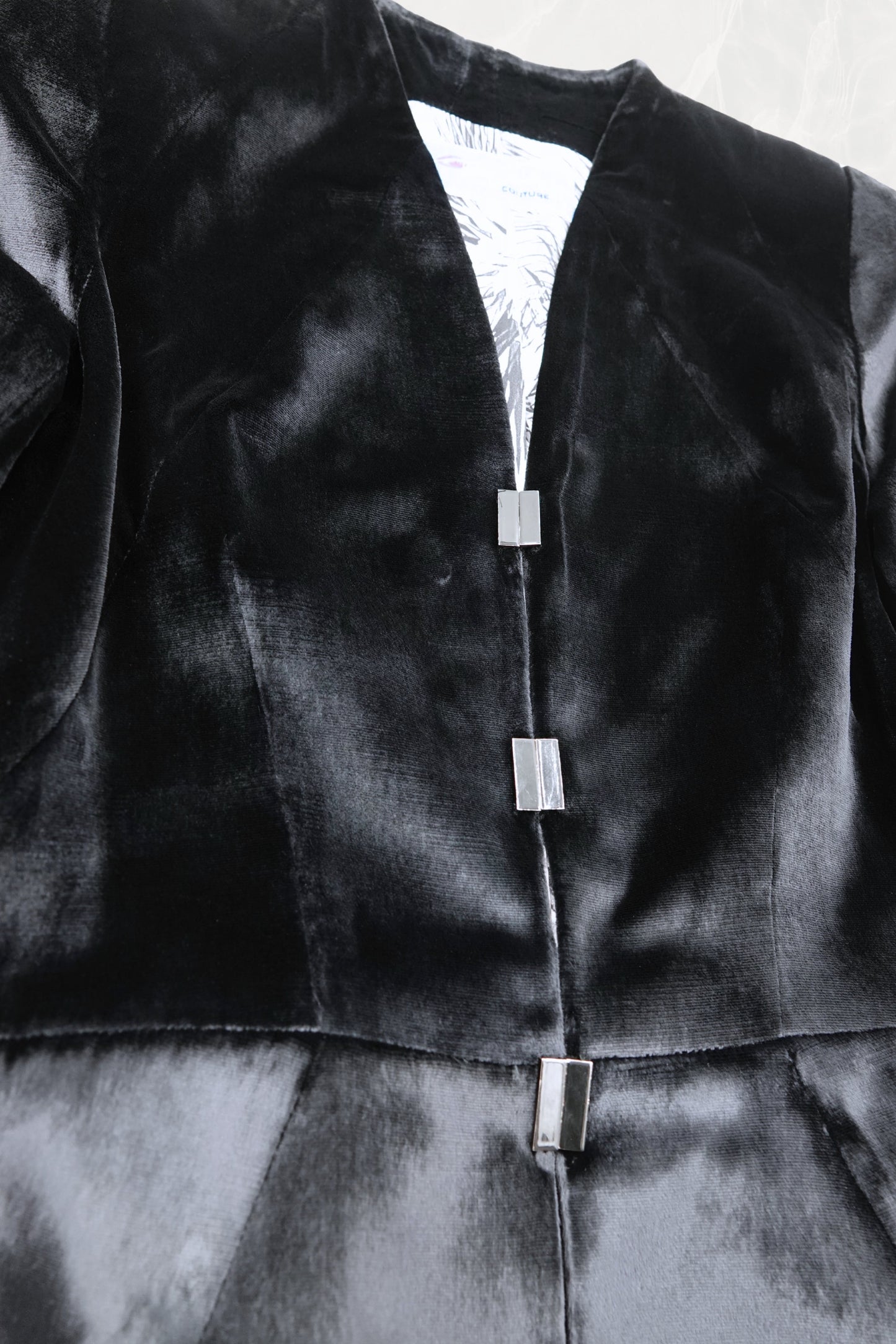 Thierry Mugler Couture velvet jacket, bar clasp hardware detail -- Disco Palma