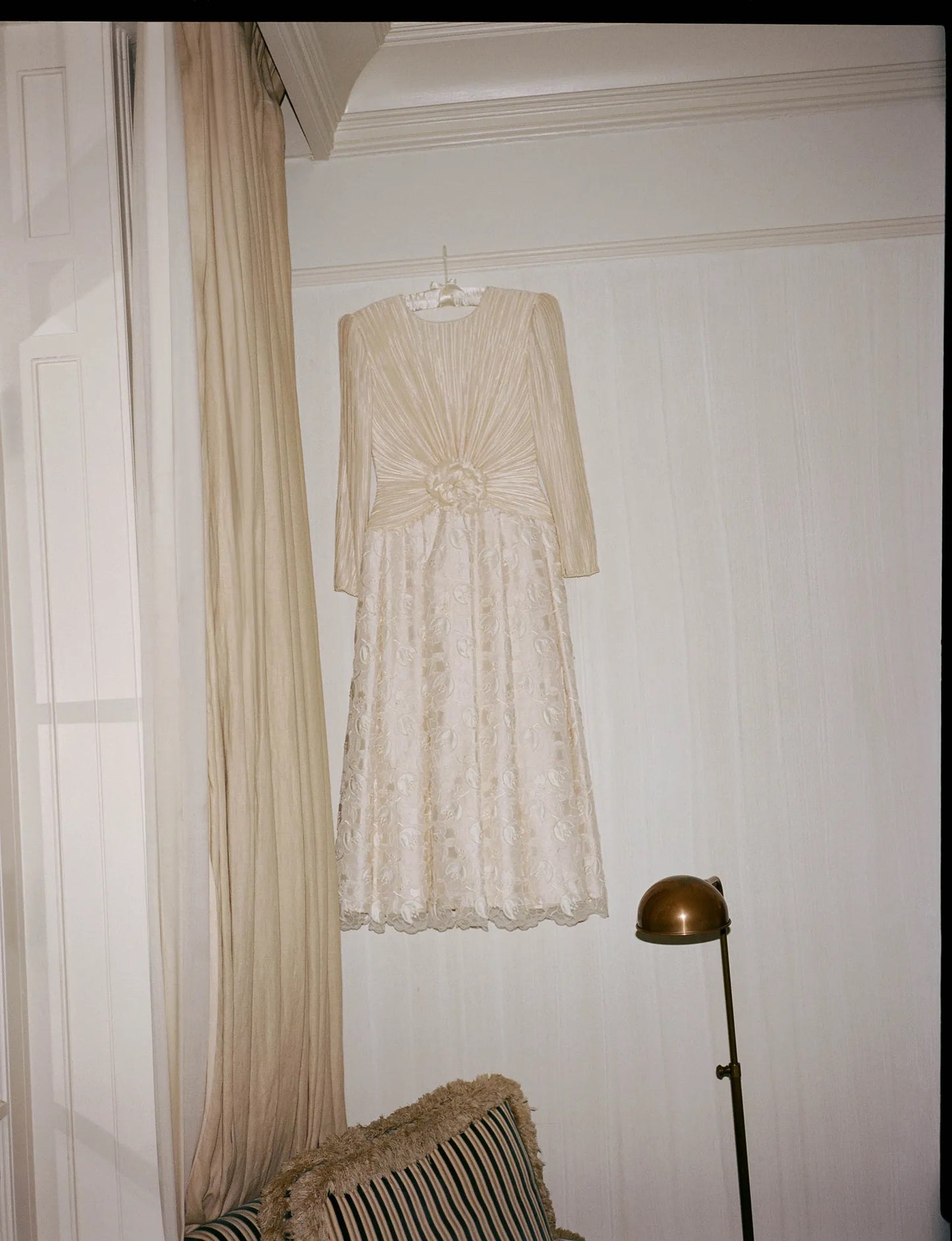 Late 1980s Ivory Fortuny-Pleat Organza Bridal Gown, Satin Appliqué
