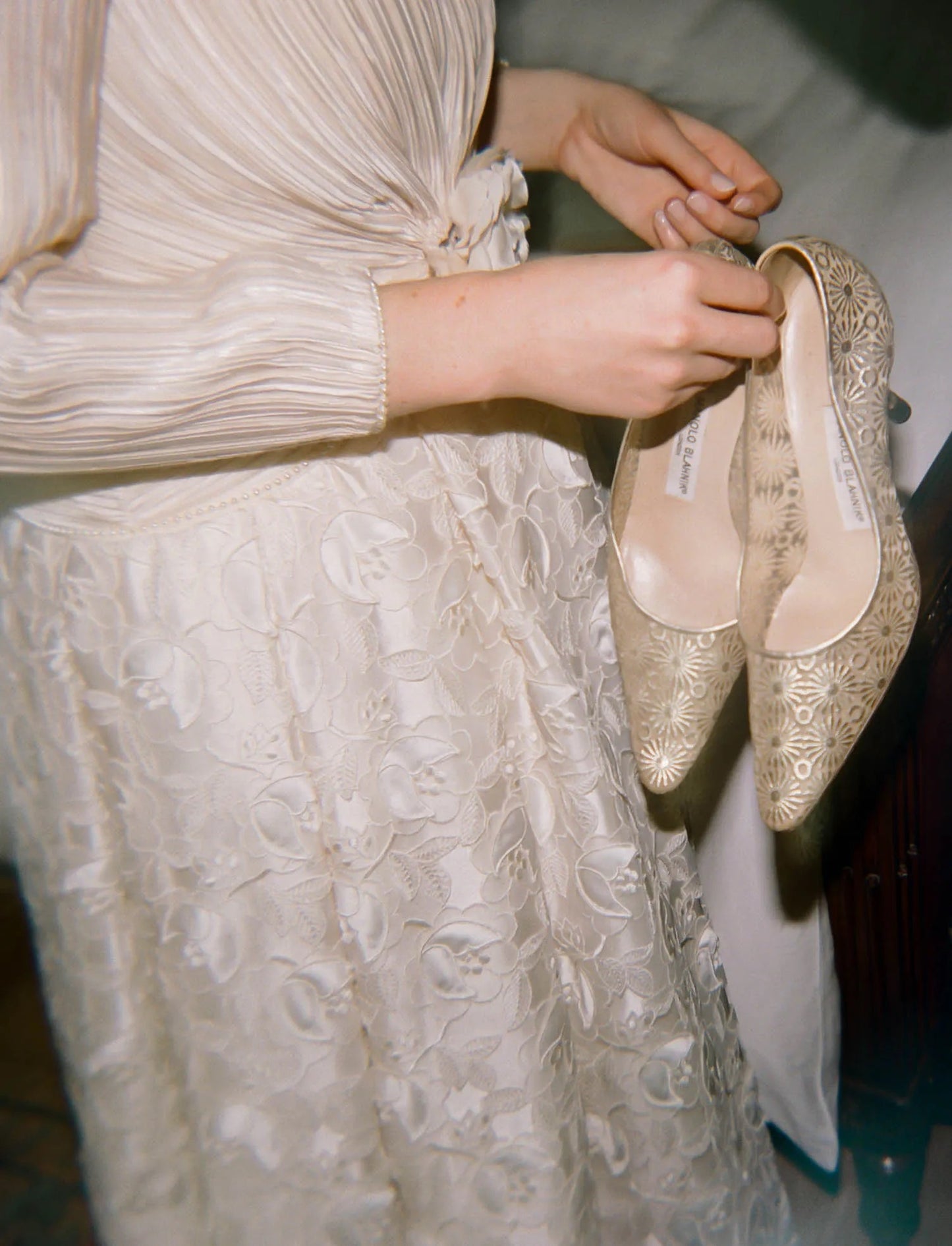 Late 1980s Ivory Fortuny-Pleat Organza Bridal Gown, Satin Appliqué
