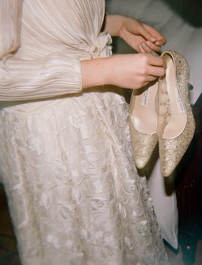 Late 1980s Ivory Fortuny-Pleat Organza Bridal Gown, Satin Appliqué