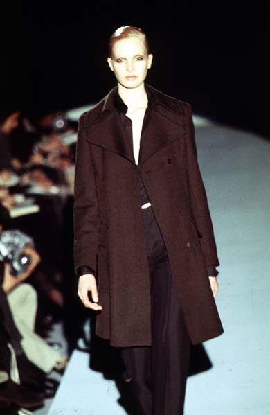 Tom Ford for Gucci FW1996 coat on runway, front view — Disco Palma
