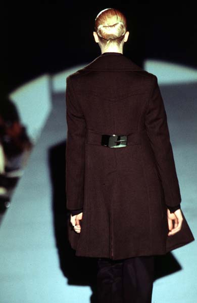 Tom Ford for Gucci FW1996 coat on runway, back view showing G hardware — Disco Palma