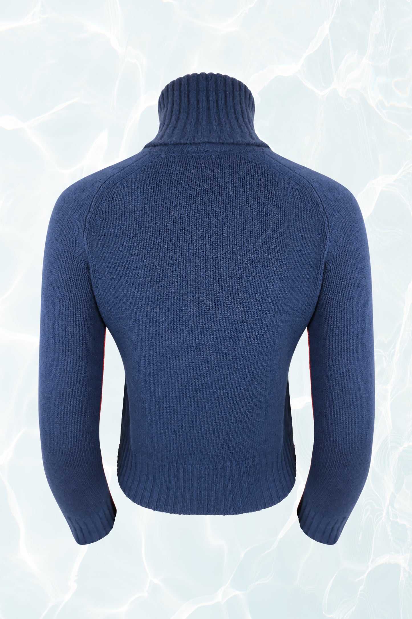 Navy Cashmere Turtleneck with Red Piping Details