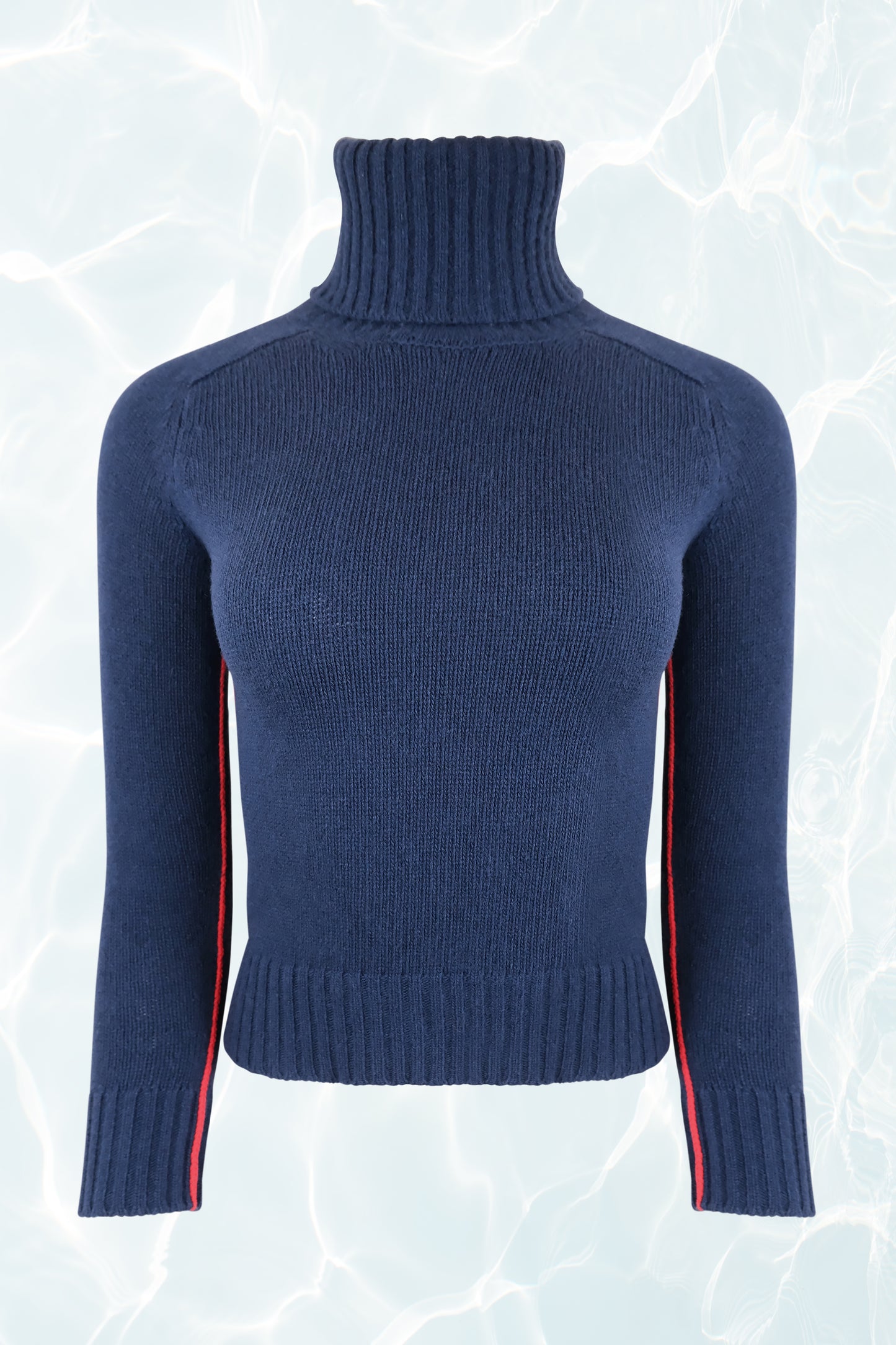 Navy Cashmere Turtleneck with Red Piping Details