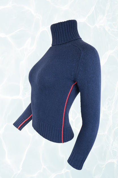 Navy Cashmere Turtleneck with Red Piping Details