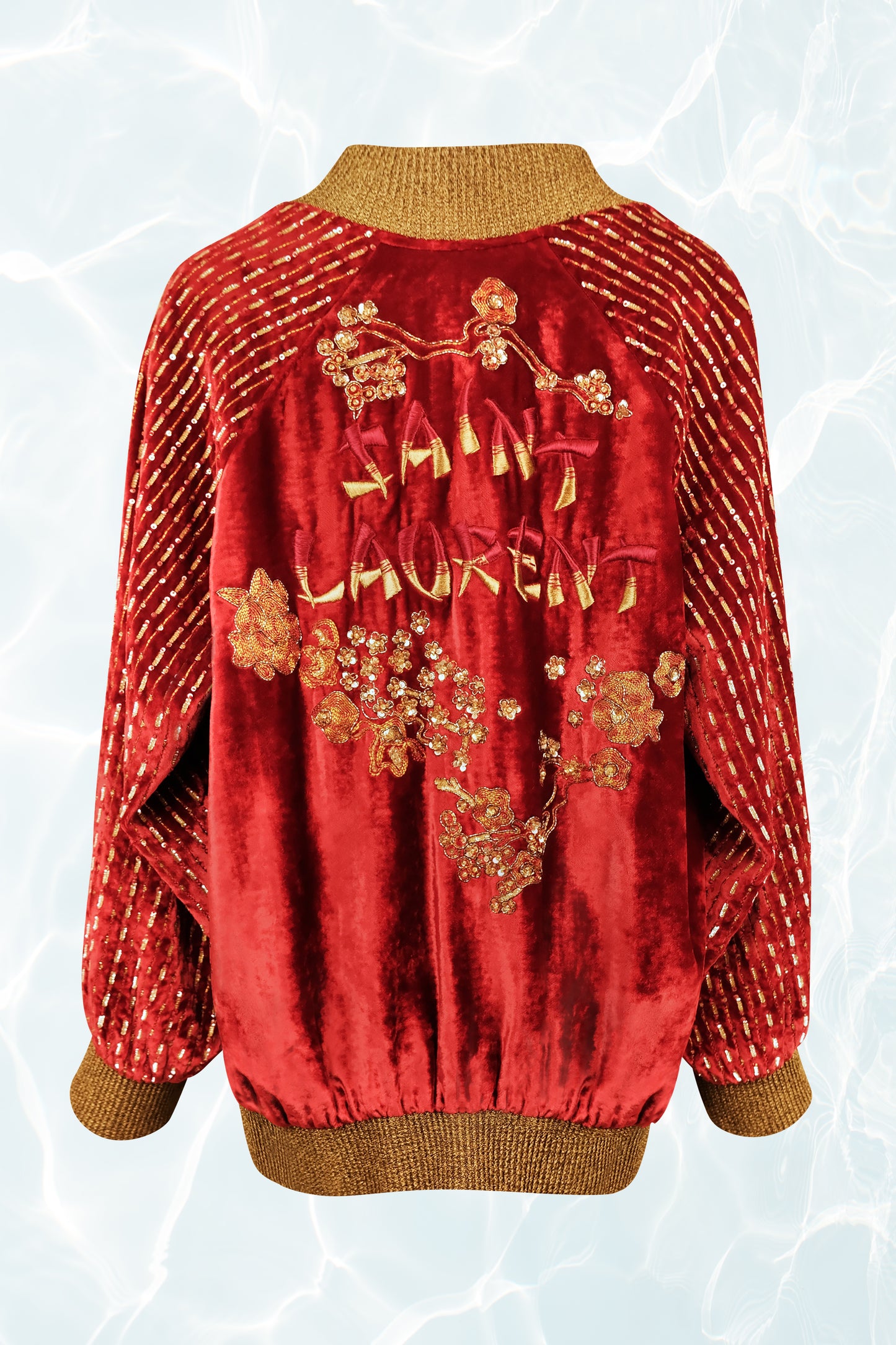 FW19 Oversized Hand Beaded Red Velvet Bomber Jacket