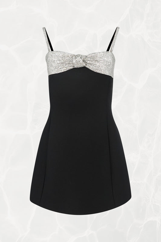 Valentino by Pierpaolo Piccioli FW24 crystal bow Crepe Couture mini dress, front view — Disco Palma