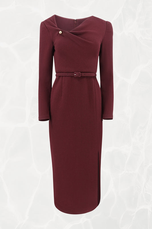 Roland Mouret burgundy pencil dress, front view — Disco Palma