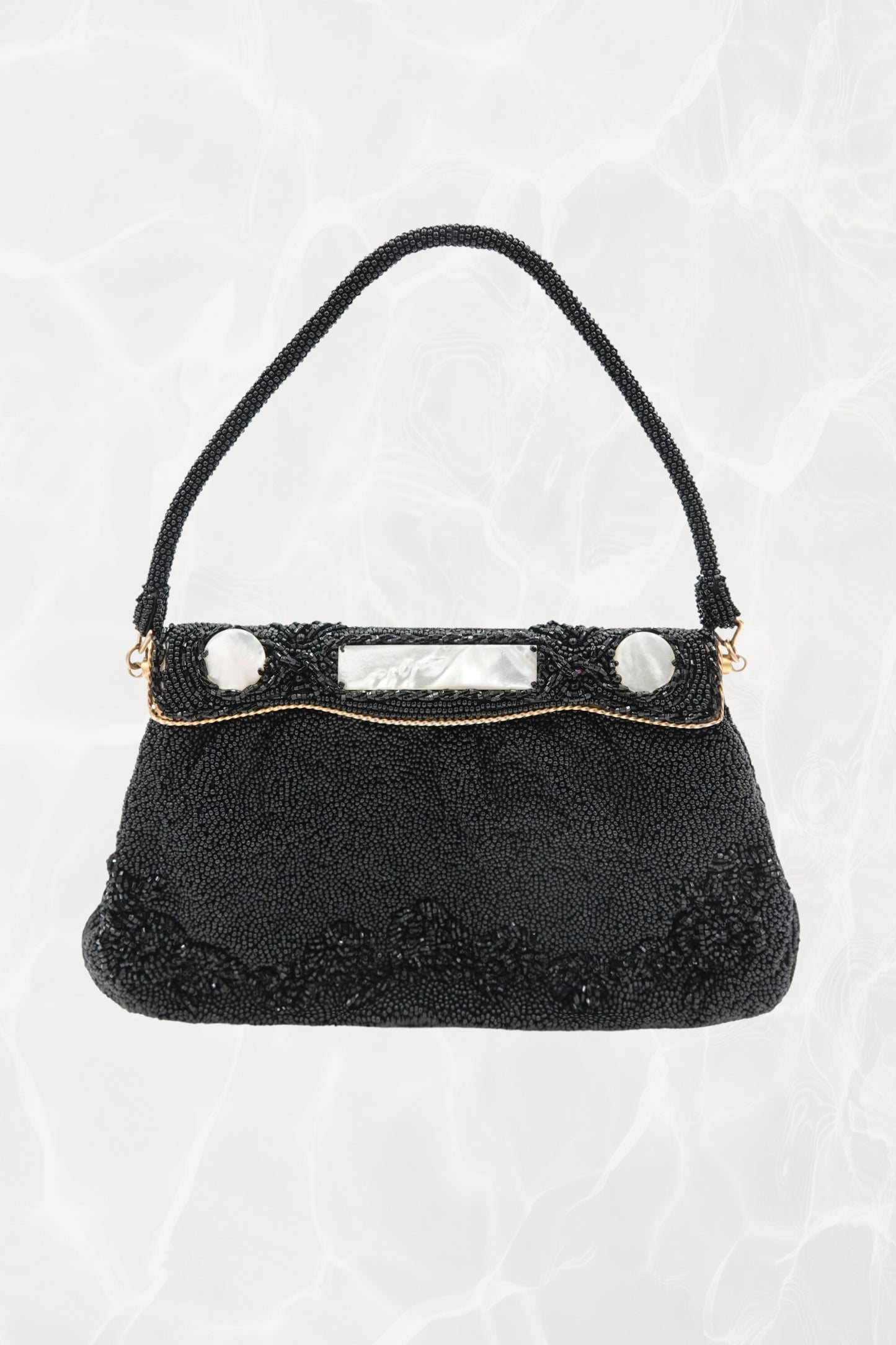 Vintage 1950s Black Seed Bead Evening Bag, Mother-of-Pearl Frame