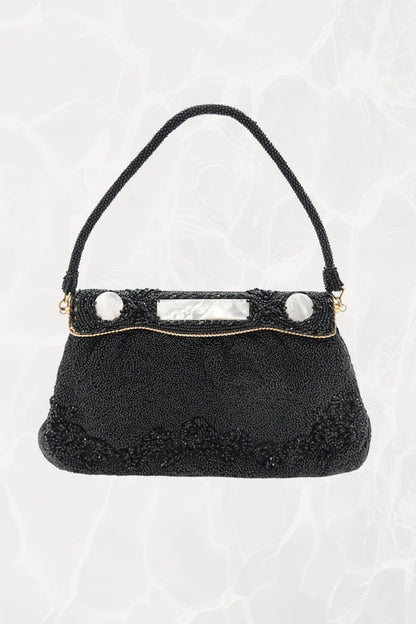 Vintage 1950s Black Seed Bead Evening Bag, Mother-of-Pearl Frame