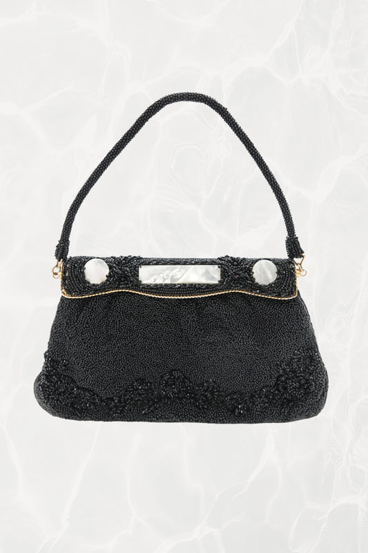 Vintage 1950s Black Seed Bead Evening Bag, Mother-of-Pearl Frame