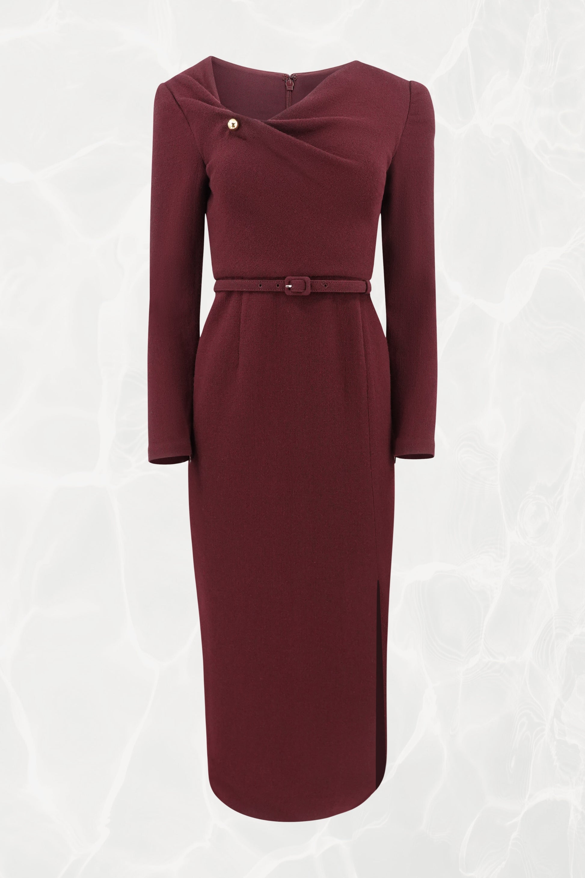Roland Mouret burgundy pencil dress, front view — Disco Palma