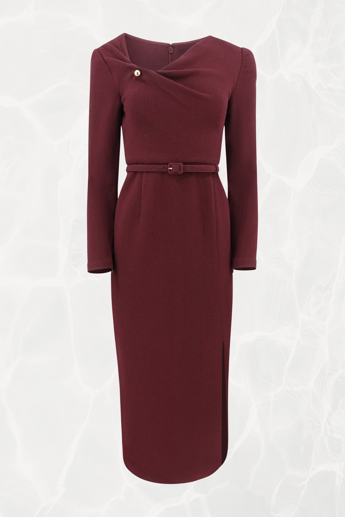 Roland Mouret burgundy pencil dress, front view — Disco Palma