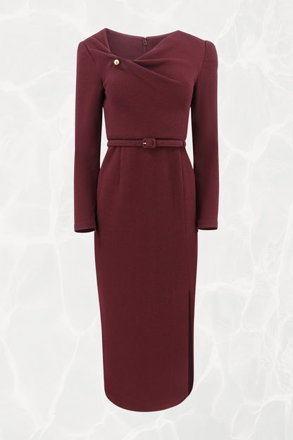 Roland Mouret burgundy pencil dress, front view — Disco Palma