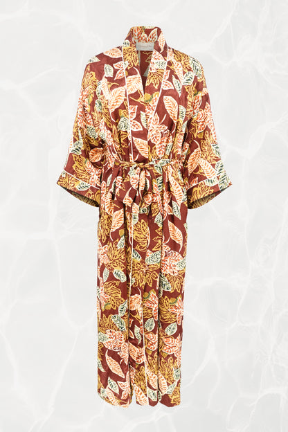 Christian Dior Lingerie 1970s autumn leaf print robe, front view — Disco Palma