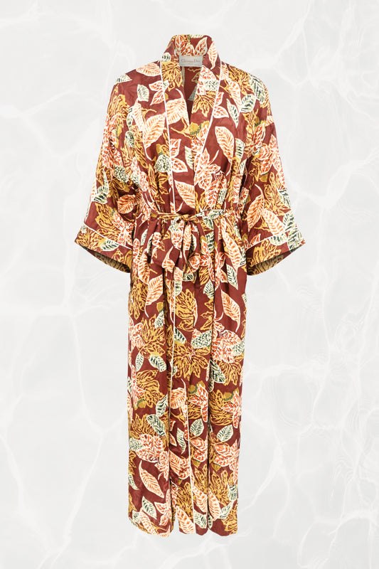 Christian Dior Lingerie 1970s autumn leaf print robe, front view — Disco Palma