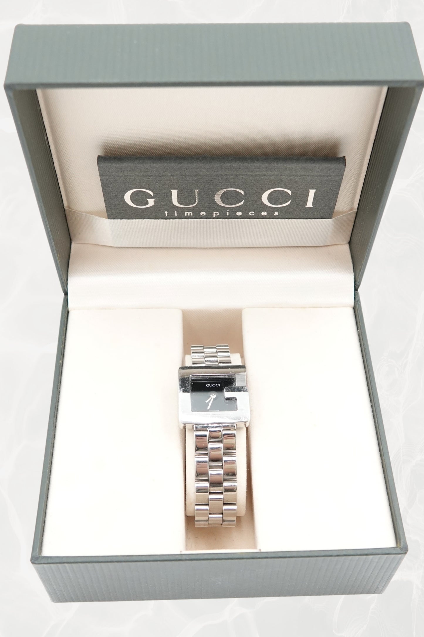 Tom Ford for Gucci G-Frame watch displayed in original Gucci Timepieces grey presentation box