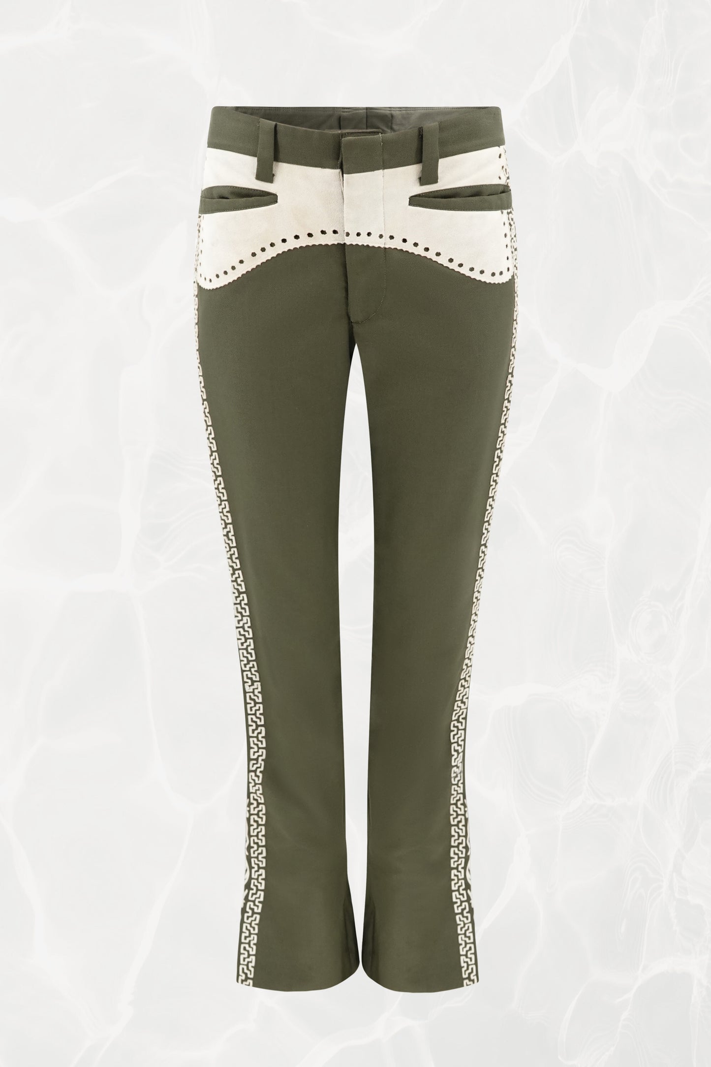Vintage 1970s Olive Embroidered Flare Trousers with Suede Appliqué