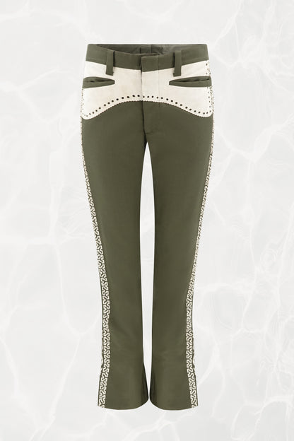 Vintage 1970s Olive Embroidered Flare Trousers with Suede Appliqué