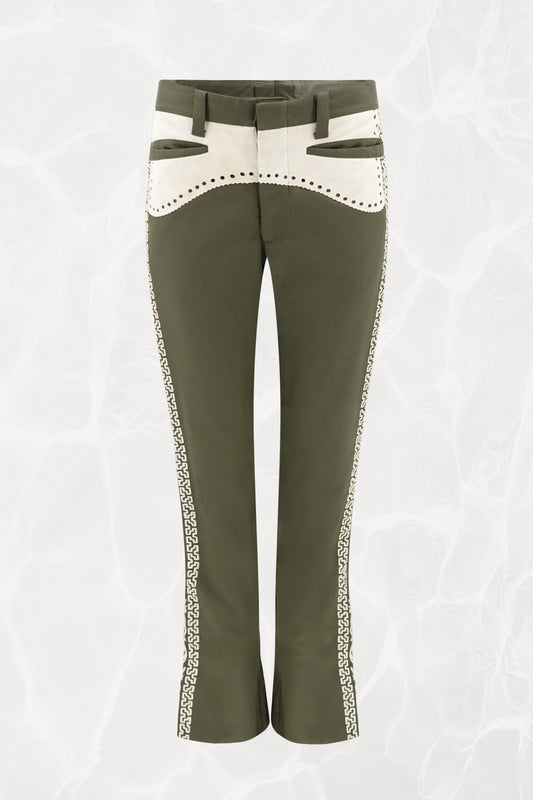 Vintage 1970s Olive Embroidered Flare Trousers with Suede Appliqué