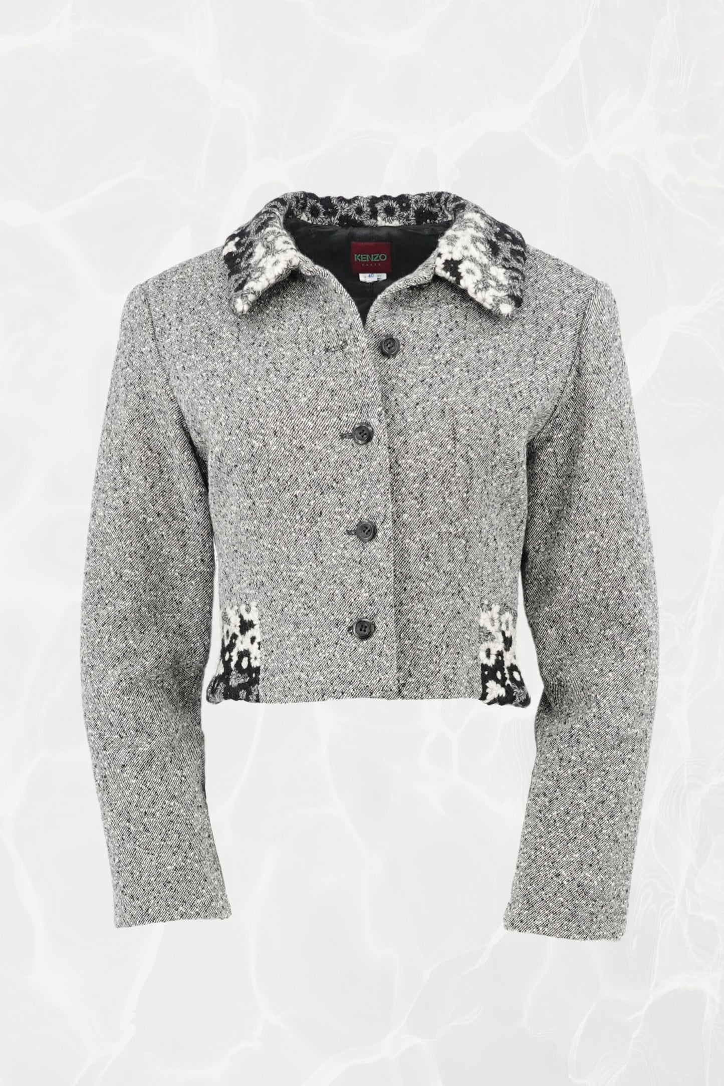 Kenzo Paris gray tweed cropped blazer, front view — Disco Palma
