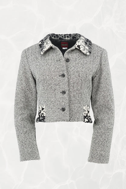 Kenzo Paris gray tweed cropped blazer, front view — Disco Palma