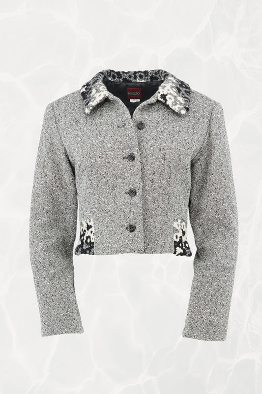 Kenzo Paris gray tweed cropped blazer, front view — Disco Palma