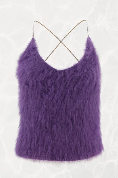 Vintage Late 1980s Purple Angora Rhinestone Cross-Back Cami