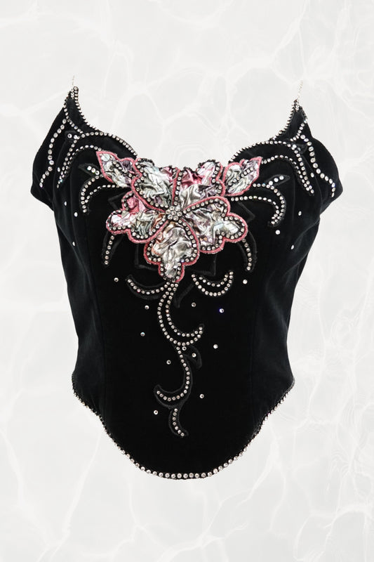 Vintage 1980s Black Velvet Rhinestone Corset, front view — Disco Palma