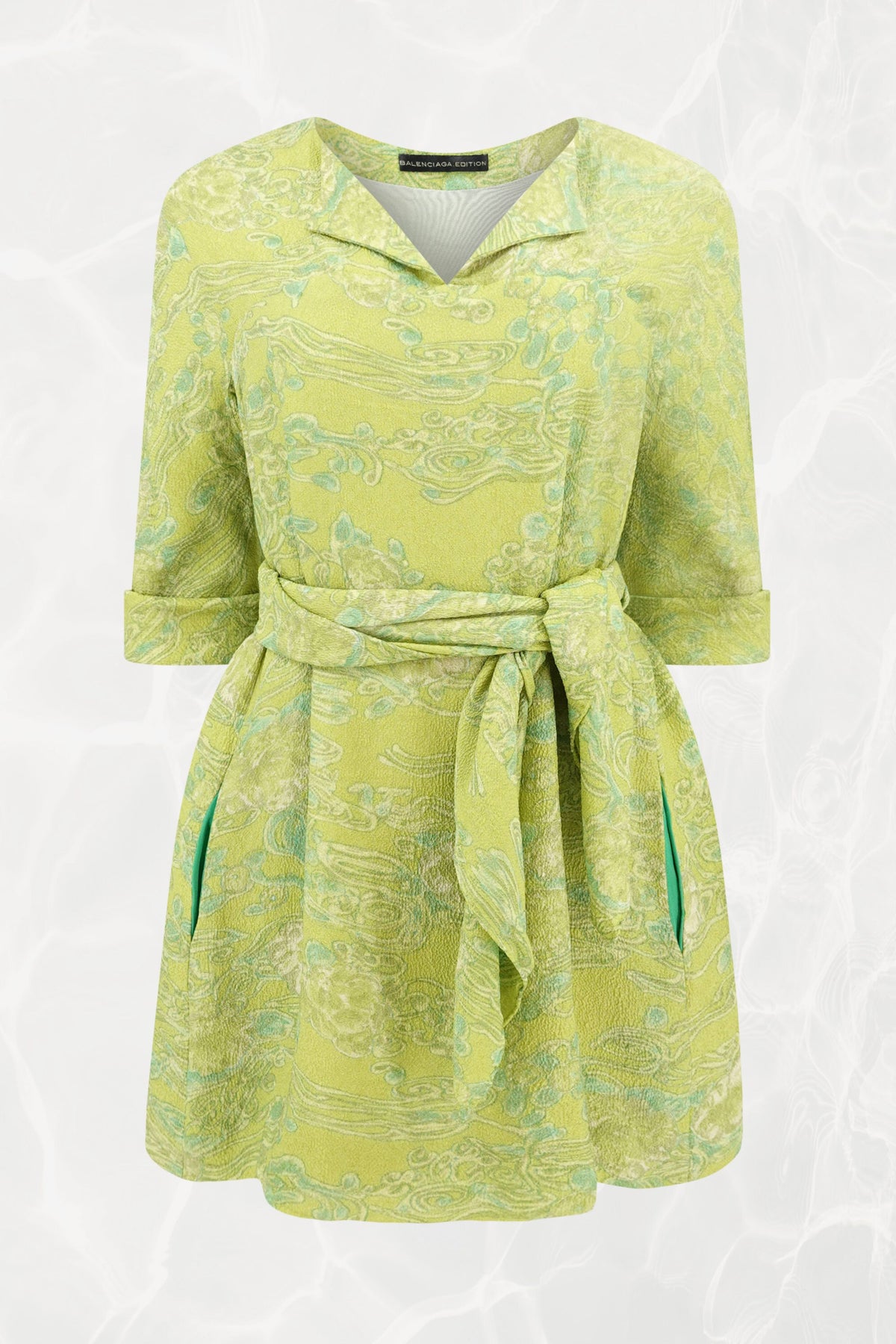 Balenciaga Edition by Nicolas Ghesquière Chartreuse Cloqué Brocade Tunic Dress with Scarf