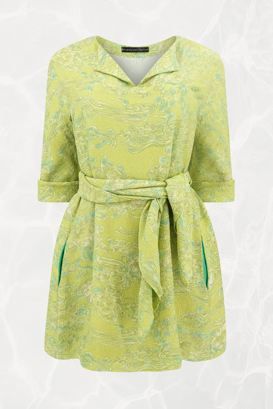 Balenciaga Edition by Nicolas Ghesquière Chartreuse Cloqué Brocade Tunic Dress with Scarf