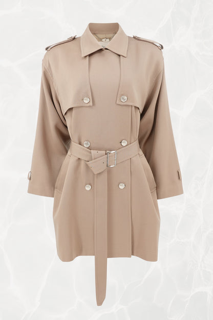 Vintage 1980s–90s Beige Wool Belted Cape Back Short Trench Coat