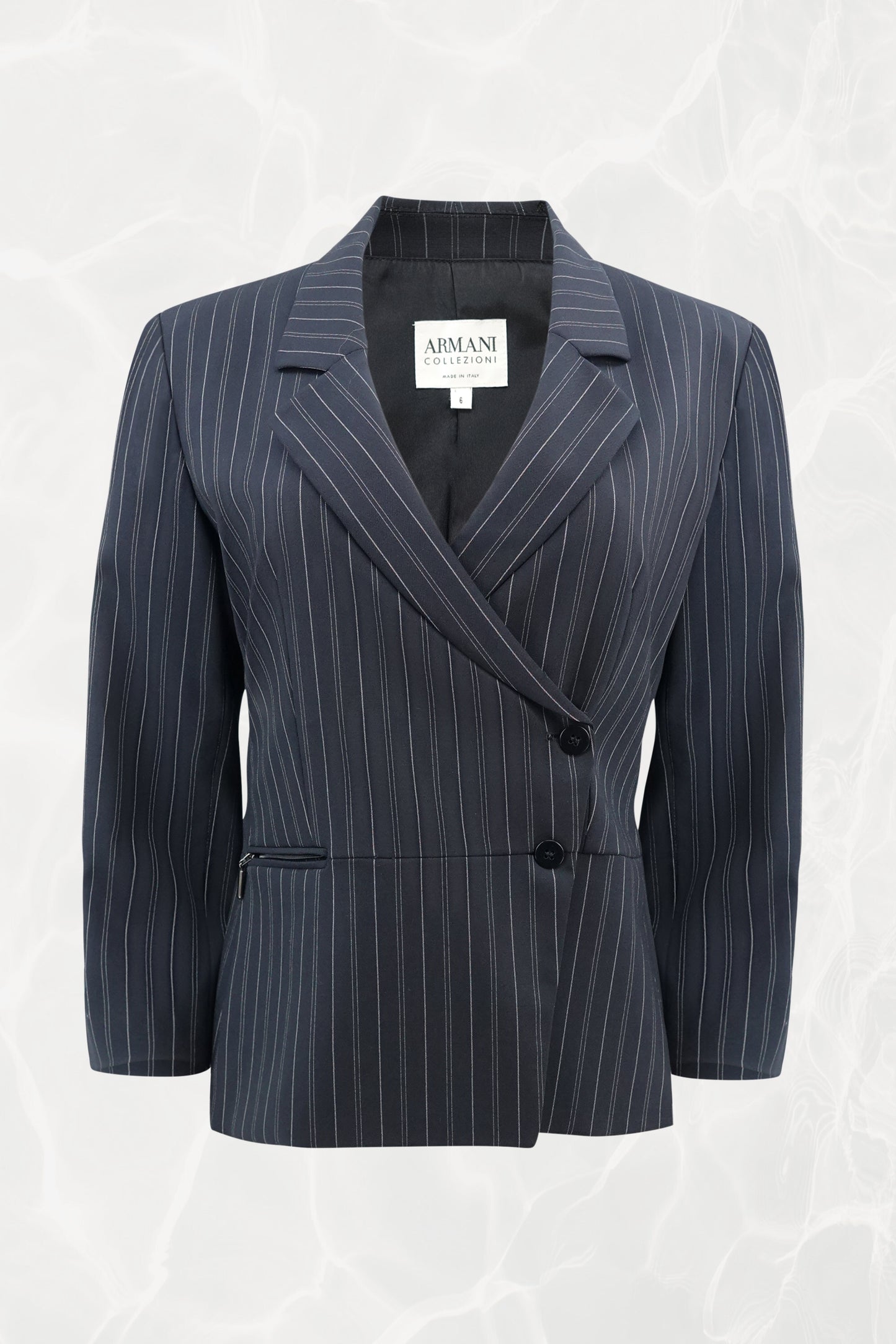 Vintage Armani Collezioni navy pinstripe double-breasted jacket, front view — Disco Palma