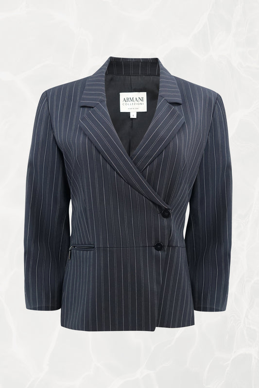 Vintage Armani Collezioni navy pinstripe double-breasted jacket, front view — Disco Palma