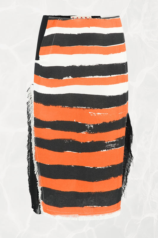 Marni by Francesco Risso SS21 Brushstroke Painted Stripe Fringed Wrap Midi Skirt