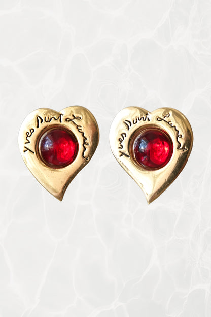 Vintage 1980s Gold-Tone Heart Clip-On Earrings with Red Cabochon