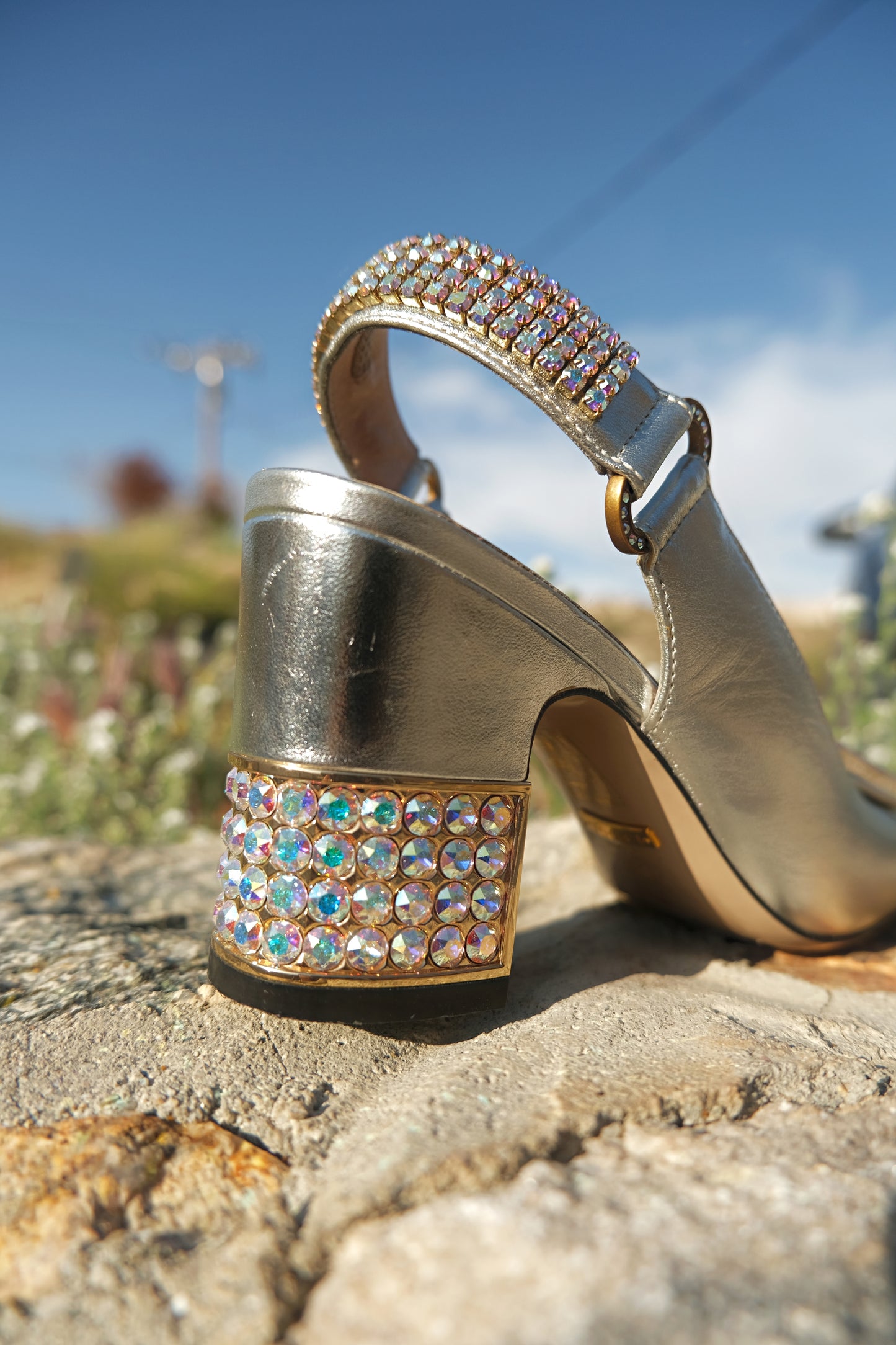 Logo Silver Metallic Leather Crystal Embellished Slingback Heels