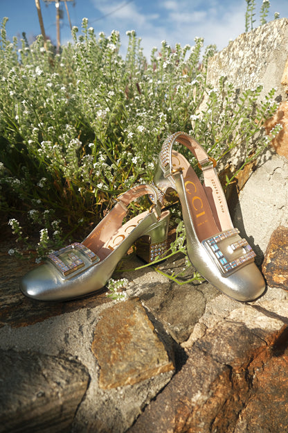 Logo Silver Metallic Leather Crystal Embellished Slingback Heels