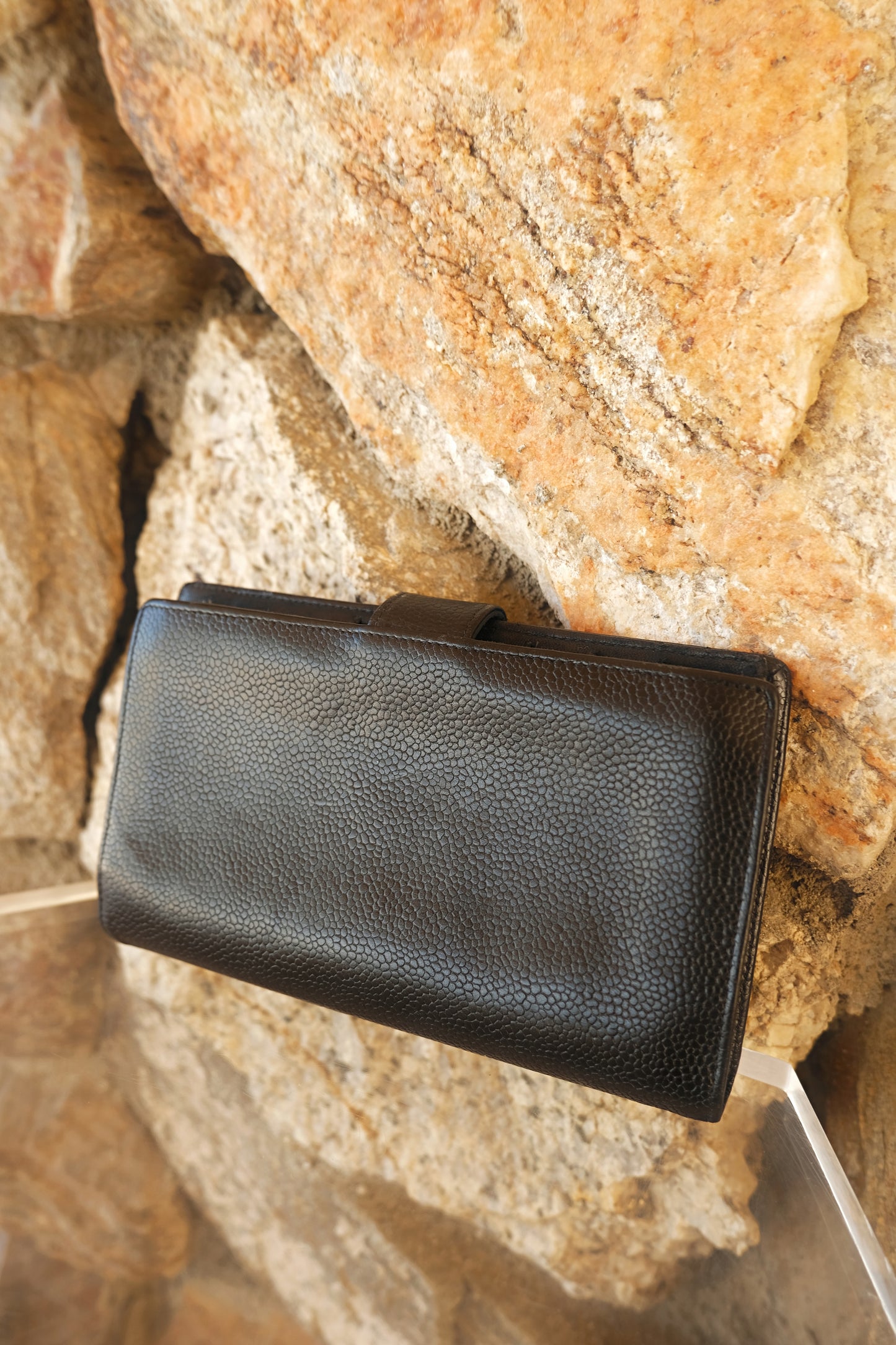 Black Caviar Leather Bi-fold Wallet CC Logo