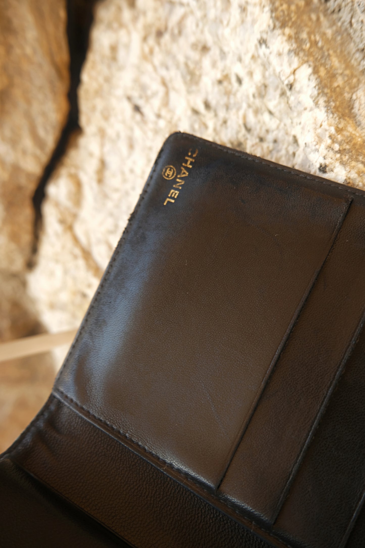 Black Caviar Leather Bi-fold Wallet CC Logo